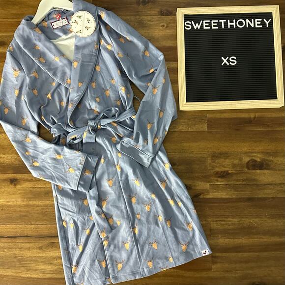 NWT SweetHoney Classic Lounge Pajama Robe Blue Rudolph Reindeer Christmas XS - Picture 1 of 6